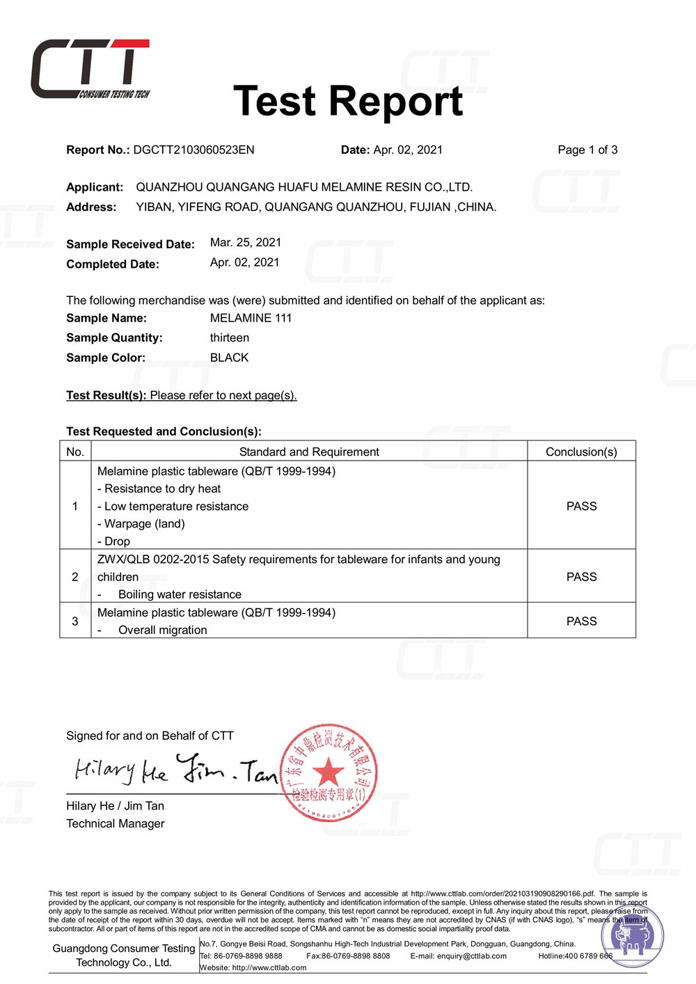 Huafu Chemicals CTT Certificate in 2021